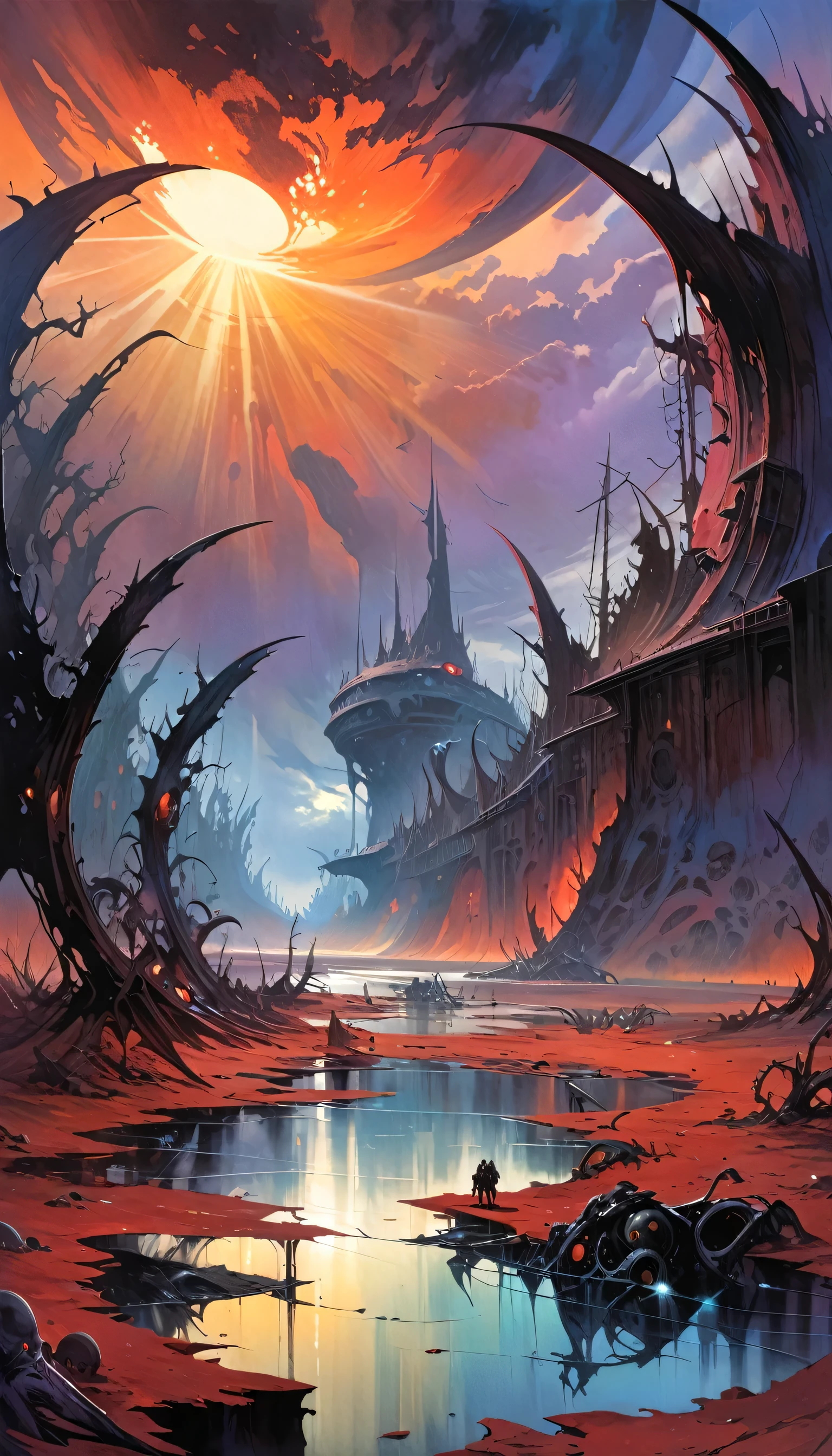 great landscape, dead world theme, contaminated world, only metal structures left as a memory, no vegetation, contaminated water, dark world, spectacular otherworldly sky, mutant monsters on stage (art inspired by Bill Sienkiewicz ). oil painting)
