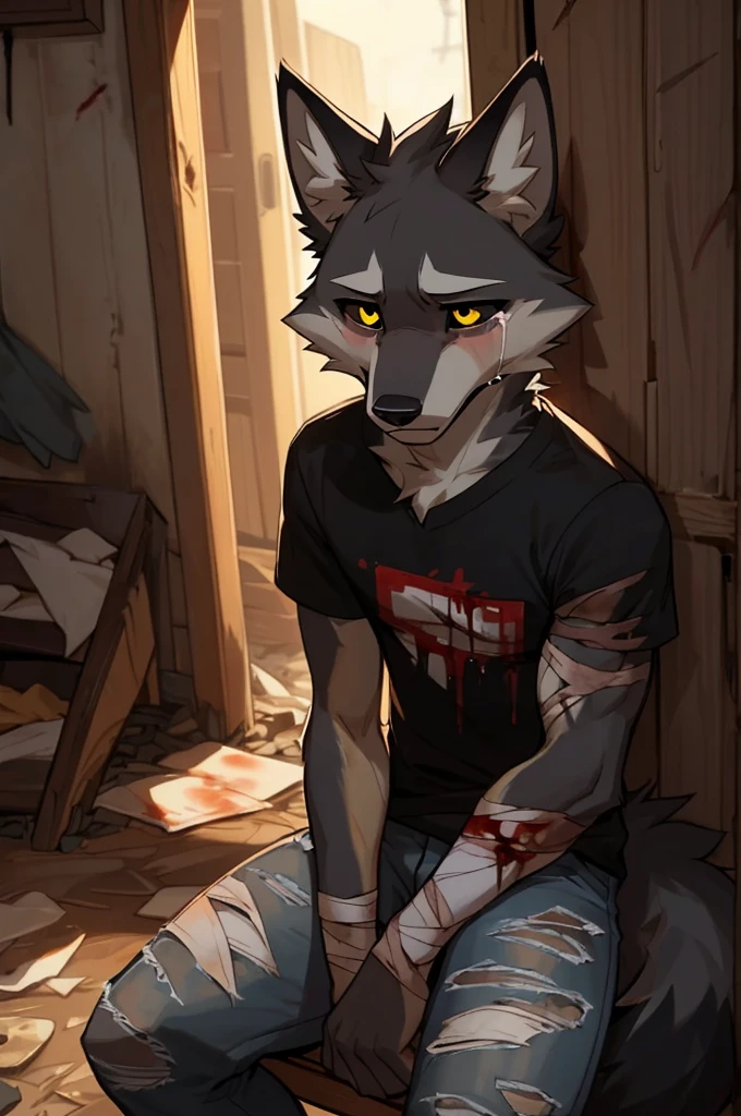 terroral,blood vess,rampage,zombie,blood on body,The corners of his mouth were stained with blood,solo person,White body,White ears,White hair,White fur,Overall white,Orange-yellow eyes,Wolf tail,Wolf paws,Wolf orcs,Young,Wear a jacket,Ultra-clear screen,Soft lines