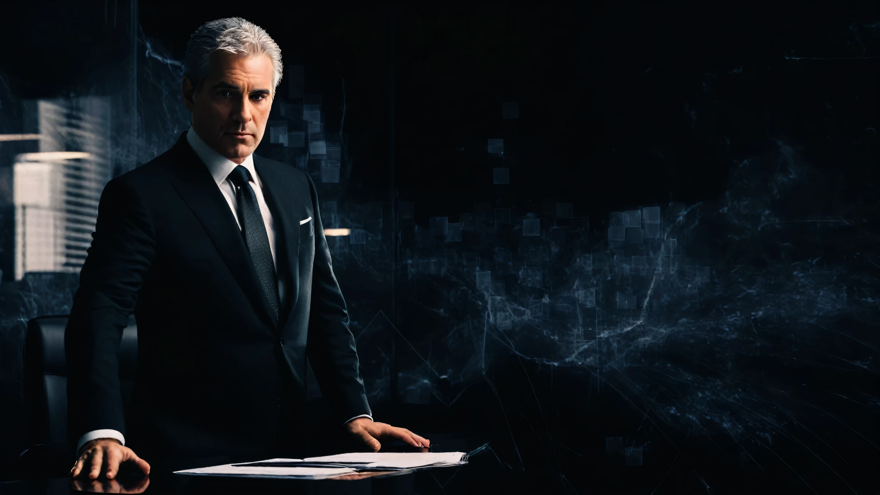 In the image, we see a middle-aged man with gray hair, wearing a dark suit, white shirt, and black tie. He appears to be in a modern business office or boardroom, with a serious and confident expression. The man is standing, leaning one hand on a table, as if he's about to make an important decision. The background is dark and technological, with dim lights and an abstract pattern of squares and lines, resembling graphs or digital representations, suggesting a high-tech or financial corporate environment. The lighting highlights the man’s face, creating a strong contrast with the dark setting, which conveys a sense of power and authority.