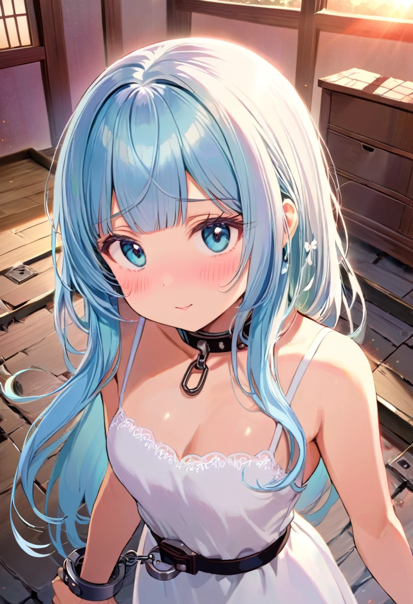 masterpiece, best quality, extremely detailed, (illustration, official art:1.1), 1 girl ,(((( light blue long hair)))), ,(((( light blue long hair)))),light blue hair, , long hair ((blush)) , cute face, big eyes, masterpiece, best quality,(((((a very delicate and beautiful girl))))),Amazing,beautiful detailed eyes,blunt bangs((((little delicate girl)))),tareme(true beautiful:1.2), sense of depth,dynamic angle,,,, affectionate smile, (true beautiful:1.2),,(tiny 1girl model:1.2),)(flat chest) ,,((crying)),((((twitching)))),White dress,,sunset,from above,viewer holding leash,collar,restrained, handcuffs, Japanese-style room、gravesite、ruins