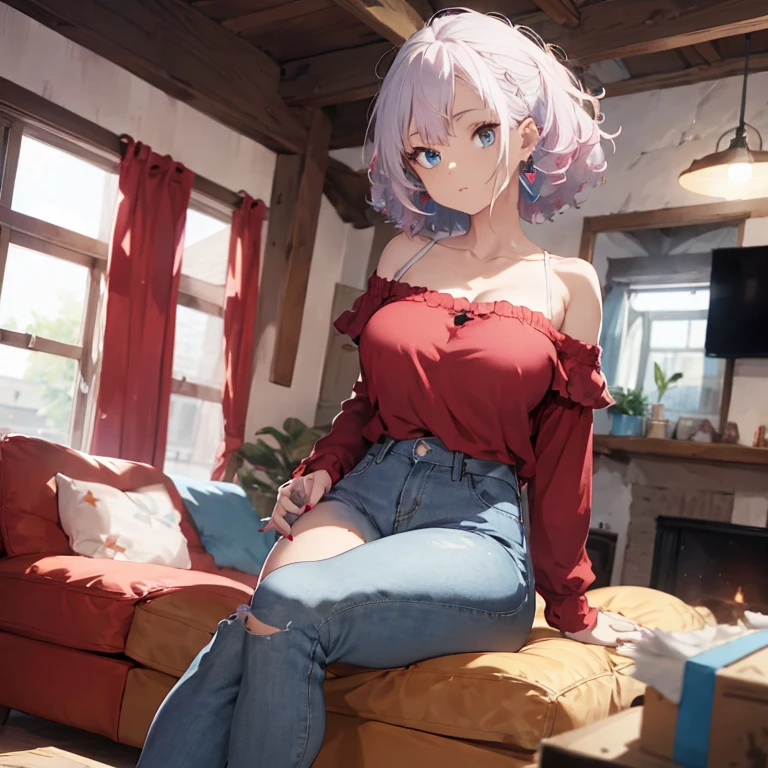 1 female, red off shoulder shirt blue jean, long jean, heart earrings, pink nails, white hair, afro hair, white afro hair, huge breast, thick legs, light blue eyes, white sky, home, living room, sitting down