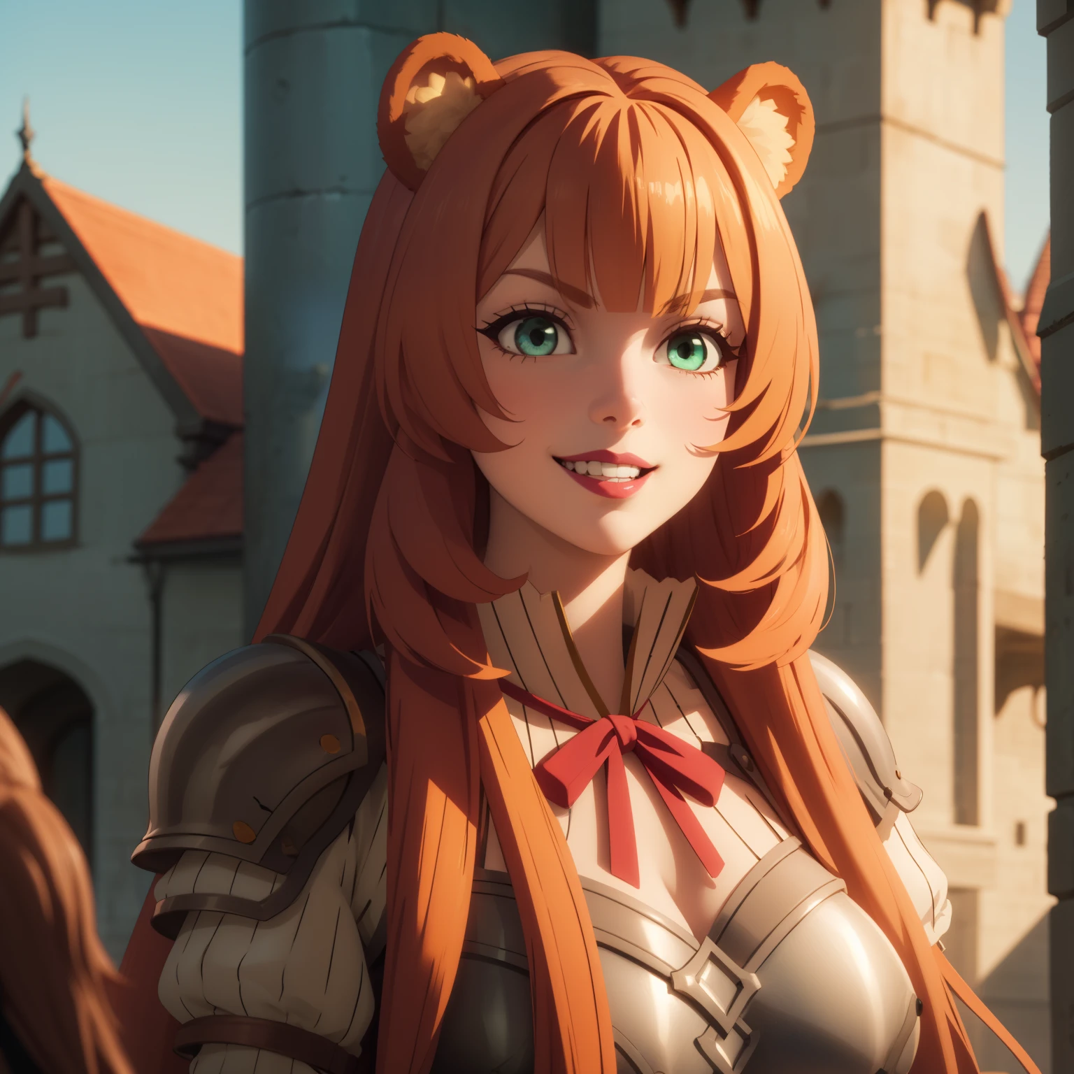 Woman Rapunzel ,bright orange hair , bear ears, light green eyes, Big breasts, evil smile showing teeth, malicious look, Evil Woman, painted lips armor, neckline, background a castle.