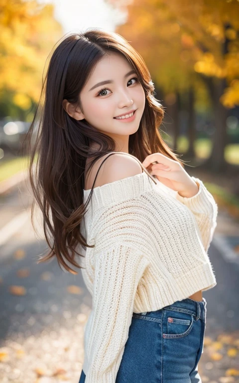 1girl,age30, light brown hair, very long hair, asymmetrical bangs, floating hair, mole under eye, longeyelashes, smile, Surrealism, depth of field, cowboy shot, 35mm, f/16, Canon, super detail, UHD, masterpiece, anatomically correct, textured skin, super detail, high details, high quality, best quality, highres, 16k, (brown poncho style sweater、Give me a sweater、Lifted it himself:1.3)Lace Bra,midnight,town alley