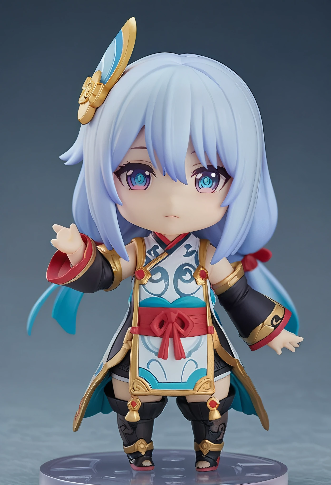 Professional anime illustration, Best Quality, high quality, masterpiece original, Incredibly detailed, ultra realistic, hyper Realistic, Ultra-high resolution, Realistic, A happy look、
break、Nendoroid、3:3、Deformation、Cute character、small、Standing facing this way、Chibi、Original God Shen He