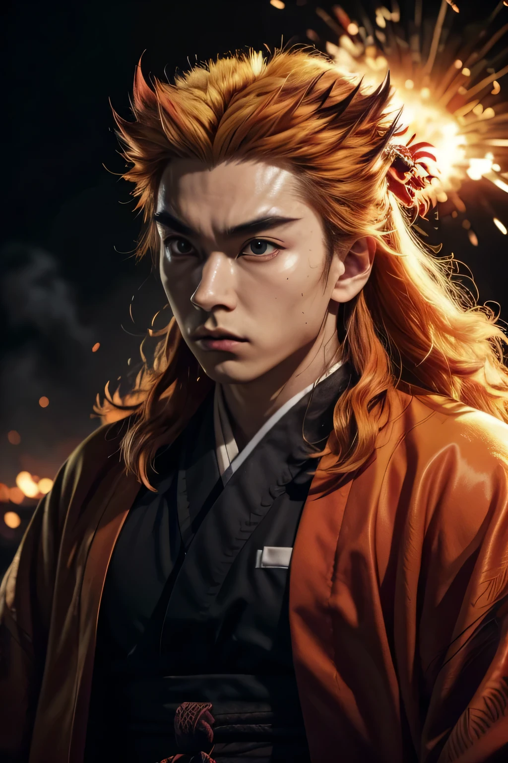 realistic rengoku, fire hashira, 1boy, extremely detailed face and eyes, detailed facial features, orange long hair, intense expression, fire element, rengoku kimono, samurai armor, dynamic pose, fire effects, cinematic lighting, detailed background, intricate details, hyper realistic, 8k, masterpiece, photorealistic, glowing eyes, volumetric lighting, dramatic shadows