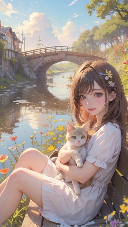 (best quality, relaxed style, Warm atmosphere, masterpiece, The best, Super detailed beautiful face and eyes, girl with, anime style(A girl looks at the sky), (Pleasant wind and beautiful sky), spring, sitting, a kitten, sun, Wildflowers, [break, Creek, Small bridge, relaxed smile, Distant street scene