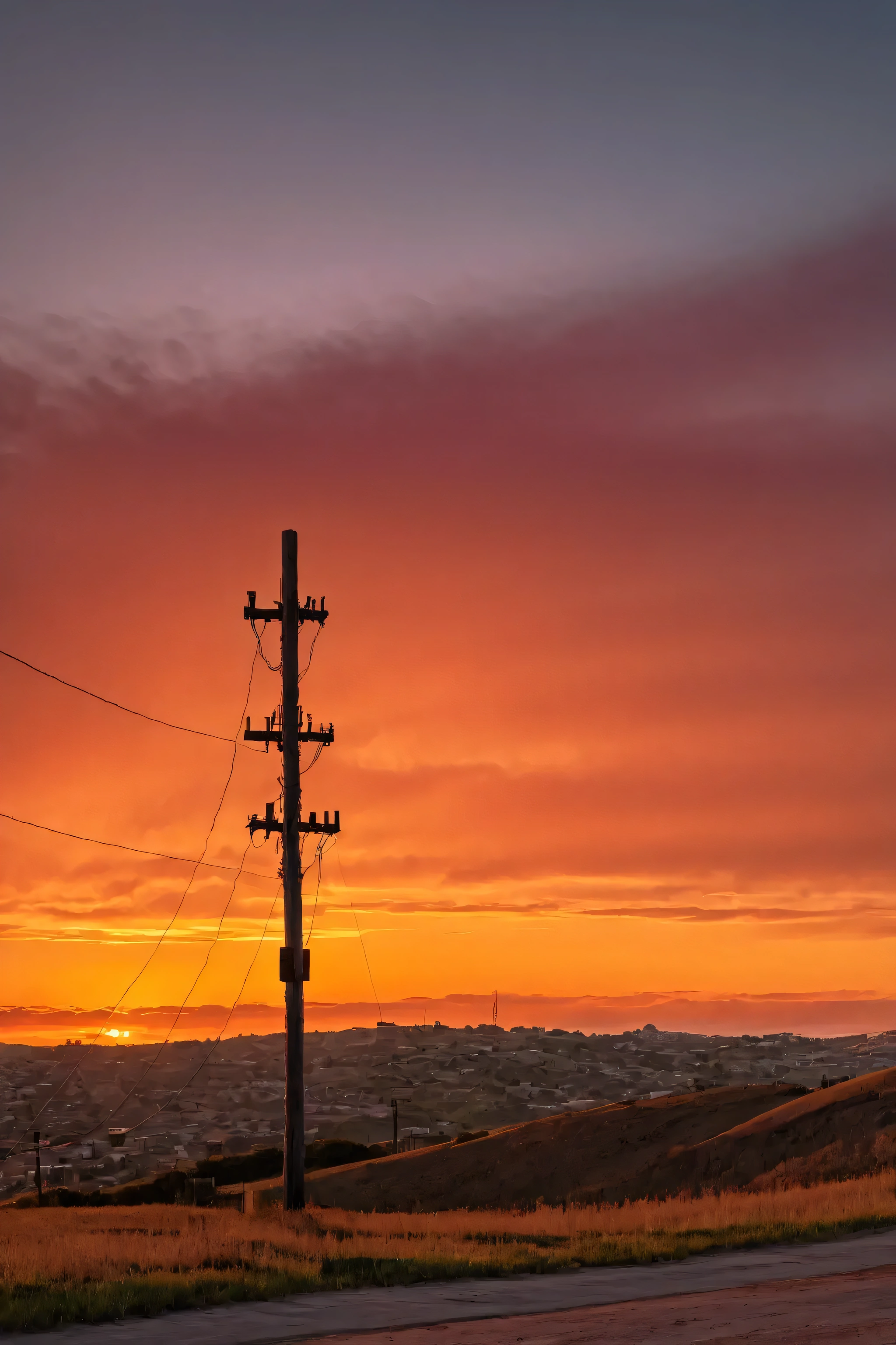 detailed silhouette of a telephone pole, small hill with telephone poles, landscape urbano, sunset, red sky, concrete post, hermosa sunset desde una colina, very detailed, fotorrealistic, 8K, ultra detailed, physically based representation, studio lighting, Dramatic lighting, dramatic colors, beautiful colors, vibrant, vivid, cinematic, melancholy, atmospheric, landscape, realistic
