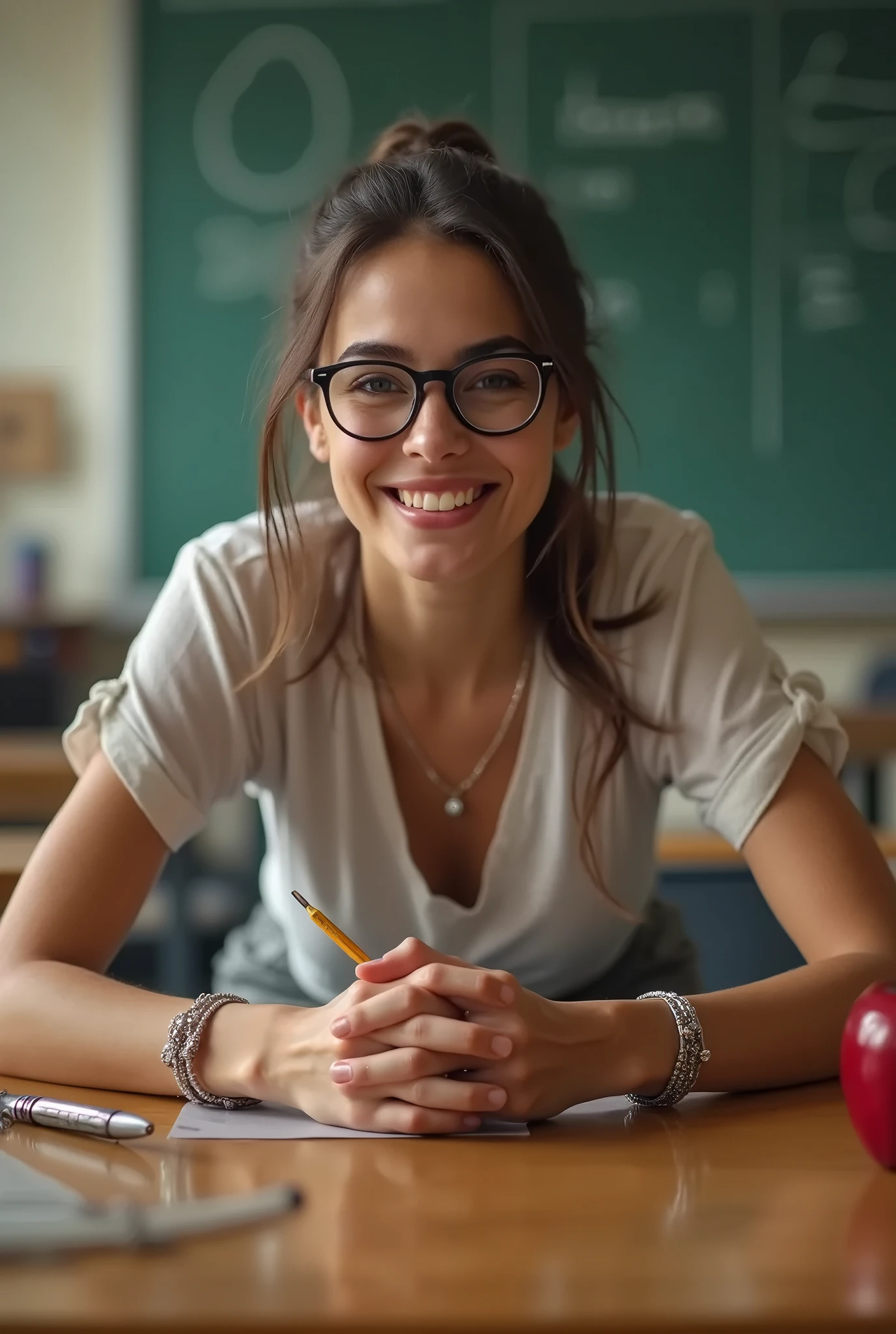 Smiling woman sitting at a desk with a laptop and apple - SeaArt AI