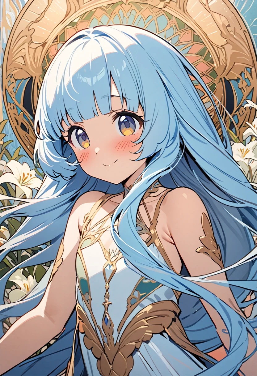 masterpiece, best quality, extremely detailed, (illustration, official art:1.1), 1 girl ,(((( light blue long hair)))), ,(((( light blue long hair)))),light blue hair, , long hair ((blush)) , cute face, big eyes, masterpiece, best quality,(((((a very delicate and beautiful girl))))),Amazing,beautiful detailed eyes,blunt bangs((((little delicate girl)))),(((tareme))),droopy eyes.(true beautiful:1.2), sense of depth,dynamic angle,,,, affectionate smile, (true beautiful:1.2),,(tiny 1girl model:1.2),)(flat chest), Poster,(Mucha:1.2),((Art Deco,Botanical Art,Flower Art)),(Floral:1.2),Lily flower,
(masterpiece, Highest quality),(Vibrant colors,colorful),(Amazing details,Detailed Background),Anatomically correct,Accurate drawing,Detail view,Sense of luxury,
