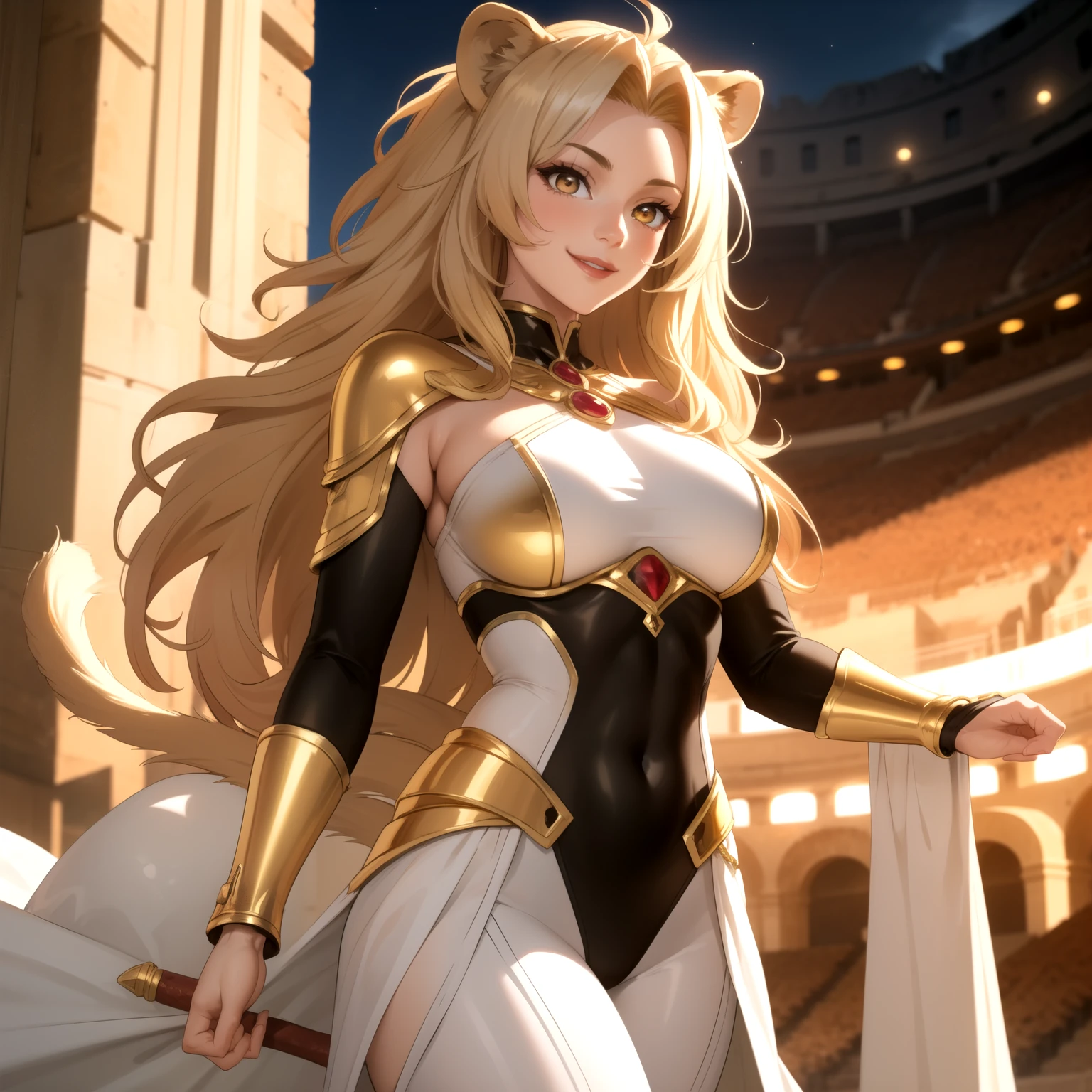 Women, lion girl, lion ears and tail., golden hair, Golden blond, bulky and messy, Golden eyes reflect the light., Large and well-formed breasts, wheat-colored skinsuit black and white greek goddess, silver and gold accessories , Roman Colosseum Background, smile.