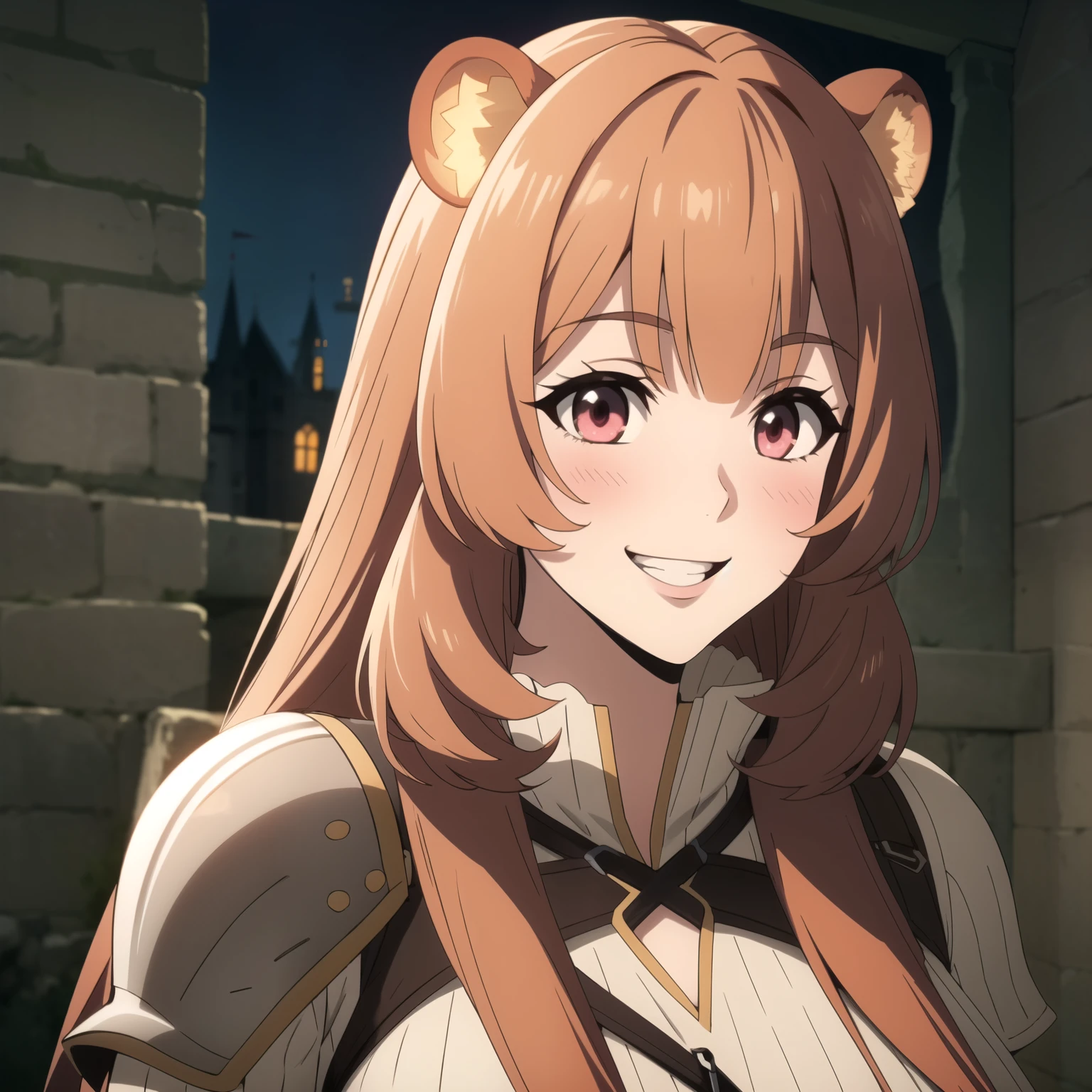 Woman Rapunzel ,bright orange hair , bear ears, Detailed red eyes, blush, Big breasts, happy smile showing teeth, armor white shirt under armor, metal chest, background a castle. very big breasts. illuminated face,