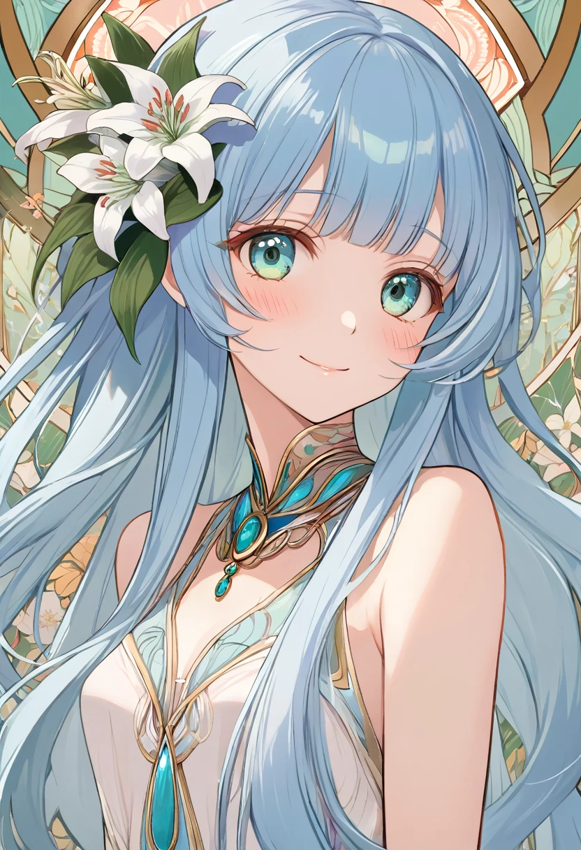 masterpiece, best quality, extremely detailed, (illustration, official art:1.1), 1 girl ,(((( light blue long hair)))), ,(((( light blue long hair)))),light blue hair, , long hair ((blush)) , cute face, big eyes, masterpiece, best quality,(((((a very delicate and beautiful girl))))),Amazing,beautiful detailed eyes,blunt bangs((((little delicate girl)))),(((tareme))),droopy eyes.(true beautiful:1.2), sense of depth,dynamic angle,,,, affectionate smile, (true beautiful:1.2),,(tiny 1girl model:1.2),)(flat chest), Poster,(Mucha:1.2),((Art Deco,Botanical Art,Flower Art)),(Floral:1.2),Lily flower,
(masterpiece, Highest quality),(Vibrant colors,colorful),(Amazing details,Detailed Background),Anatomically correct,Accurate drawing,Detail view,Sense of luxury,
