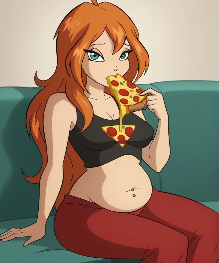 bl_oom, 1girl, gained some weight, wide hips, belly button piercing, fat_rolls, ginger hair, blue eyes, looking at viewer, furrowed brow,sad, Plump Feminine Body, Chubby Belly, Belly_Focus, Rolls, eating a pizza with great appetite, wearing a outgrowing pijama, medium Breasts,  sit on the couch, black platform heels, touching her Breasts, realistic body shape, simple background, score_9, score_8_up, score_7_up, Ultra Detailed, HD, Detailed Belly, Detailed Face,