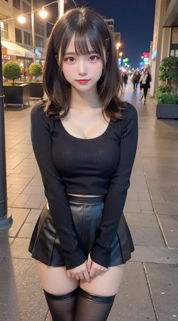 Baby Face、smile、Large Breasts、whole body、Japanese Girls、Blonde、slender、Short Hair、whole body、Dark tanned skin、Gal Makeup、Black long boots、Black long boots、Standing posture、Black Mini Skirt、Nice body、A girl alone、Cleavage、Knit shirt、Height: about 140cm、、Blonde