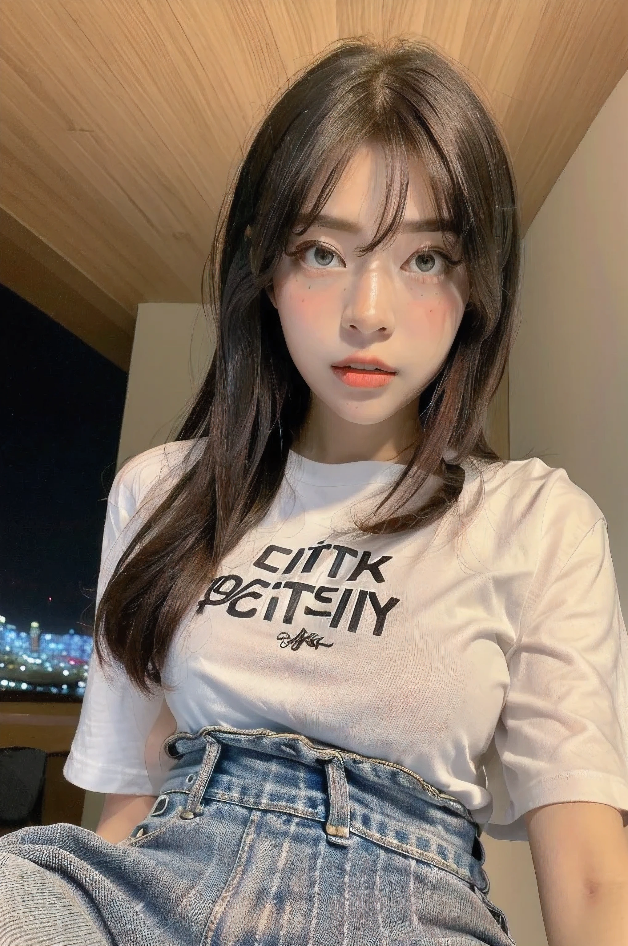 ((Midnight, highest quality, 8k, masterpiece :1.3)), whole body, Long legs, Sharp focus :1.2, Beautiful woman with perfect figure :1.4, Slim Abs :1.1, ((Dark brown hair, small Breasts :1.2)), (White tight T-shirt, cleavage, shorts Jeans, Are standing:1.2), ((Night city view, rooftop:1.3)), Highly detailed face and skin texture, Fine grain, Double eyelids one girl,highest quality,masterpiece,figure,Very delicate and beautiful,CG,Unity,8k wallpaper,wonderful,In detail,masterpiece,Official Art,Very detailed CG Unity 8k wallpaper,Incredibly absurd,Large file size,Very detailedな,High resolution,Very detailed,Beautiful detailed girl,Realistic,from the front,Outdoor, Knee-high socks, bangs, Black boots