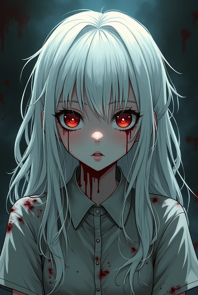 A 1 young woman with 1,65 tall, their appearance is bloody clothes, a hole in the chest, gray hair and blue eyes, she is dead, but live at the same time, My Hero Academia style anime