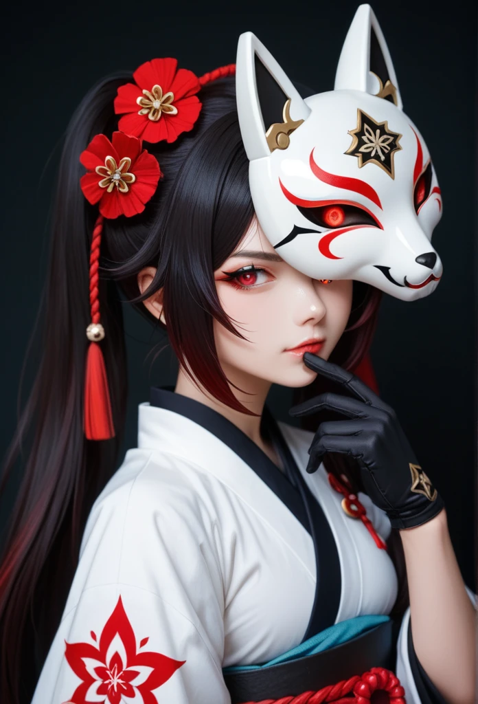 Personally. sparkle \(Honkai: Star Rail\),1 girl,alone, glove,japanese clothes,black glove,, Red hair,คนรักEvilนักเรียนดอกไม้ยันเดเระ, Has long black hair, And has red eyes. I have a fox mask on my head.. Sly eyes., Evil, mysterious, Unmask