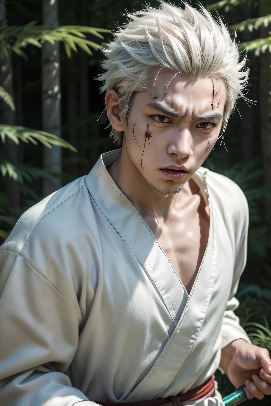 a realistic sanemi shinazugawa holding his sword, 1 boy, short spiky white hair, scars all over his face and body, no eyebrows, wind hashira, angry expression, white haori kimono, masterpiece, award winning, 8k, extremely detailed, hyperrealistic, cinematic, forest, winds