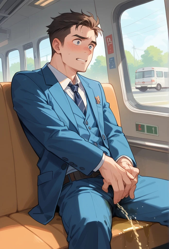 20 years old slender and mascular man, wearing blue suit. He is peeing himself in the train. He couldn't hold his pee. There is a large pee wet spot on his crotch. Pee stain on his pants. Pee wet spot on his crotch. He is ashamed of peeing himself. he is perplexed by the situation 