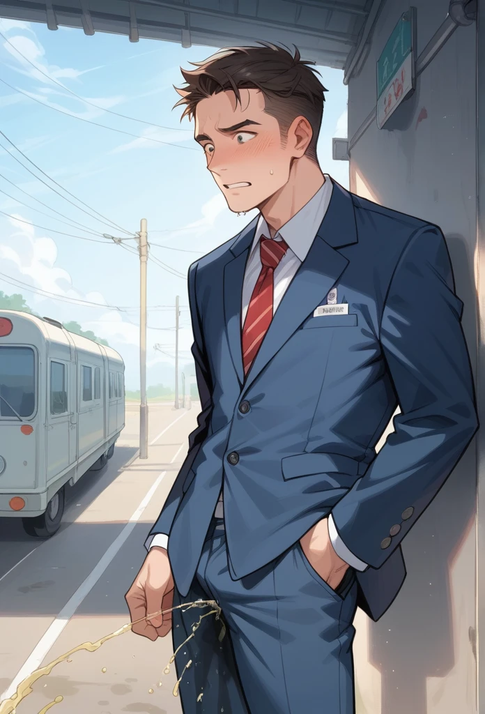 20 years old slender and mascular man, wearing blue suit. He is peeing himself in the train. He couldn't hold his pee. There is a large pee wet spot on his crotch. Pee stain on his pants. Pee wet spot on his crotch. He is ashamed of peeing himself. he is perplexed by the situation 