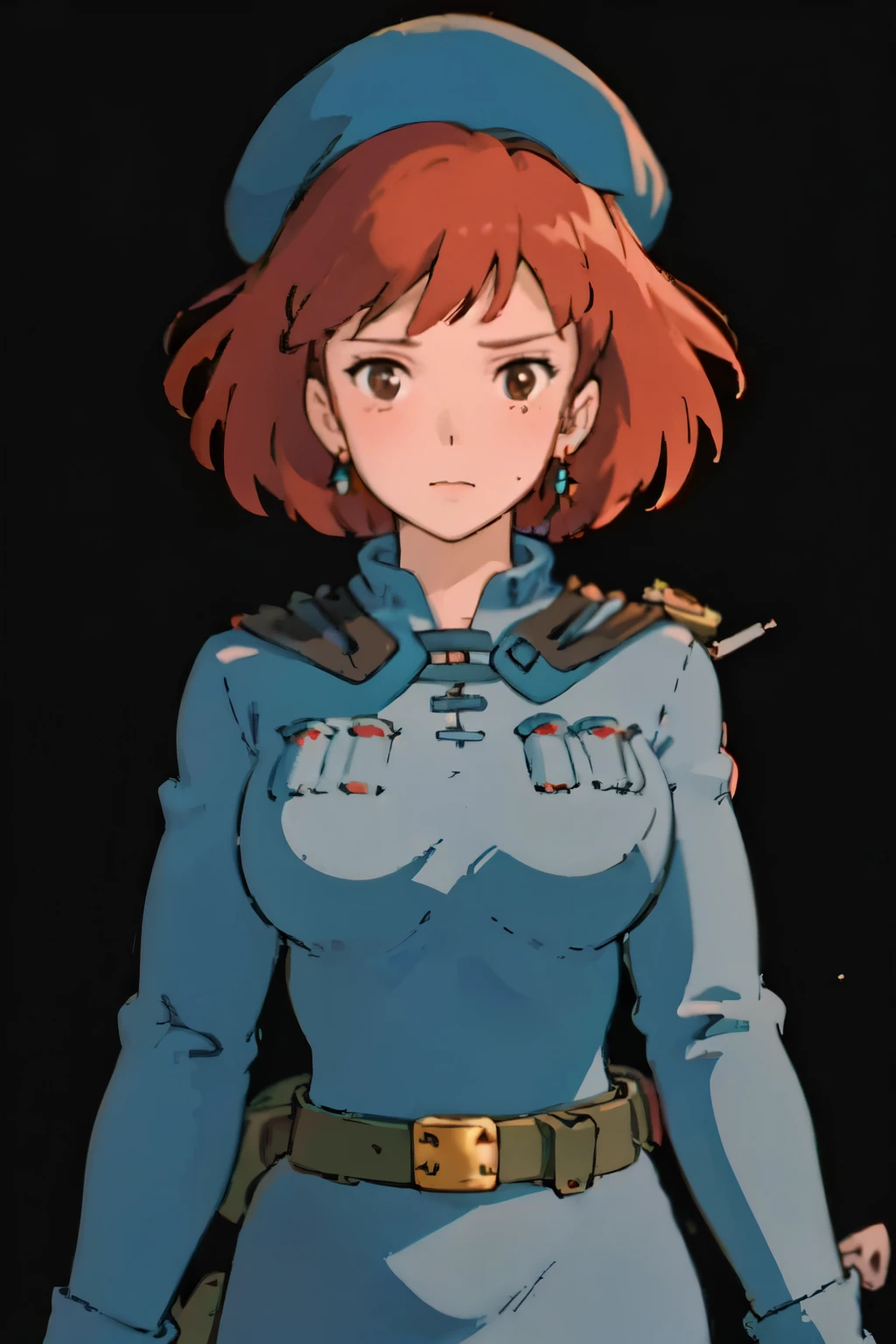 masterpiece, high quality, 1girl,, (masterpiece:1.4), (best qualit:1.4), (high resolution:1.4), 1girl, redhead, big breasts, muscular body, brown eyes, aroused facial expression, blush, sweat, Nausicaa, colorful, upper body, ghibli style, sfw,  facing the viewer, looking at the viewer, blue uniform, blue skirt, belt, (blue beret), (simple black background), dark