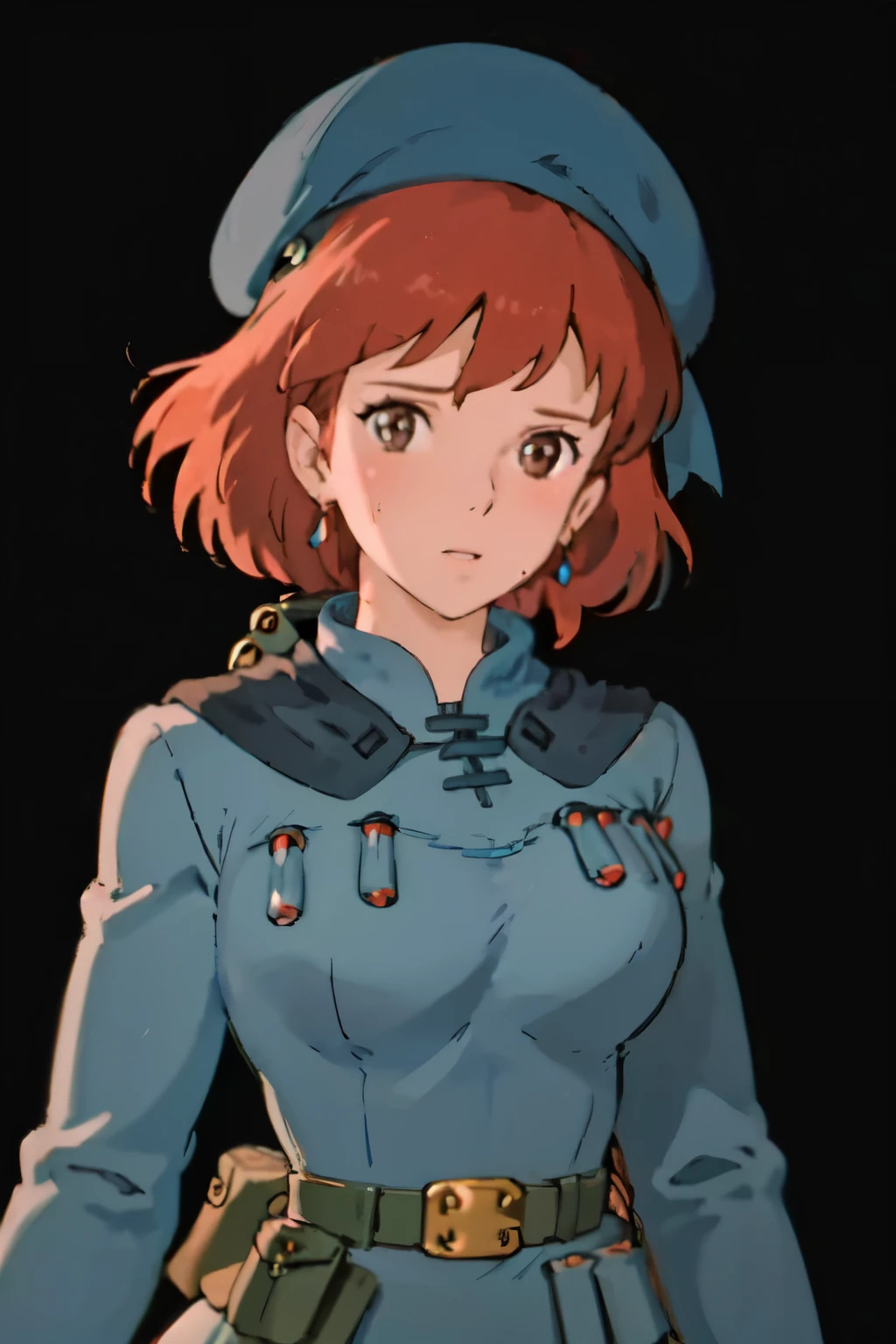 masterpiece, high quality, 1girl,, (masterpiece:1.4), (best qualit:1.4), (high resolution:1.4), 1girl, redhead, big breasts, muscular body, brown eyes, aroused facial expression, parted lips, blush, sweat, Nausicaa, colorful, upper body, ghibli style, sfw,  facing the viewer, looking at the viewer, blue uniform, blue skirt, belt, (blue beret), (simple black background), dark