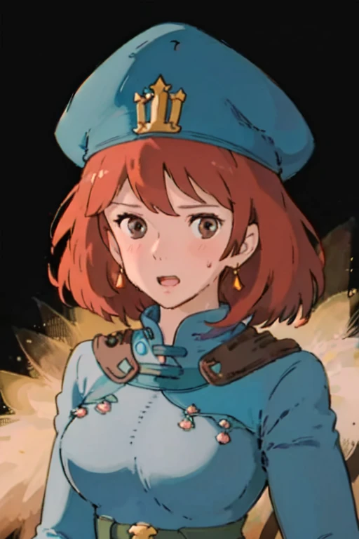 masterpiece, high quality, 1girl,, (masterpiece:1.4), (best qualit:1.4), (high resolution:1.4), 1girl, redhead, big breasts, muscular body, brown eyes, aroused facial expression, open mouth, blush, sweat, Nausicaa, colorful, upper body, ghibli style, sfw,  facing the viewer, looking at the viewer, blue uniform, blue skirt, belt, (blue beret), (simple black background), dark