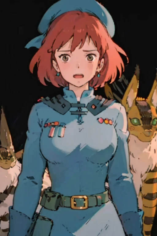 masterpiece, high quality, 1girl,, (masterpiece:1.4), (best qualit:1.4), (high resolution:1.4), 1girl, redhead, big breasts, muscular body, brown eyes, aroused facial expression, open mouth, blush, sweat, Nausicaa, colorful, upper body, ghibli style, sfw,  facing the viewer, looking at the viewer, blue uniform, blue skirt, belt, (blue beret), (simple black background), dark