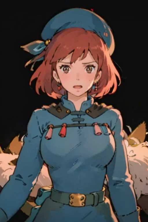 masterpiece, high quality, 1girl,, (masterpiece:1.4), (best qualit:1.4), (high resolution:1.4), 1girl, redhead, big breasts, muscular body, brown eyes, aroused facial expression, open mouth, blush, sweat, Nausicaa, colorful, upper body, ghibli style, sfw,  facing the viewer, looking at the viewer, blue uniform, blue skirt, belt, (blue beret), (simple black background), dark