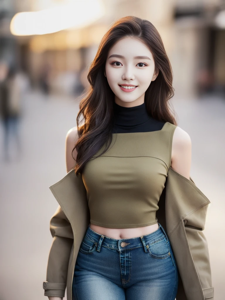 (SFW:1.5), (Perfect Anatomy), "Mastepiece, Ultra High Quality, High resolution, 8k, Photorealistic", Portrait, Real, "(((One Korean beauty, 20 years old)))", "((Beautiful Face:1.5))), Smaller face, Large eyes, Detailed gradient eyes, Double Eyes, Big Eyes, glossめく唇, Rounded forehead, Natural Makeup, (Catchlight:1.5), Smile", " {{{Vulgar}}}, Natural skin texture, Clear, beautiful skin, valley", "((Beautiful model body)), tall, Slender body, Toned body,Narrow waist", "Beautiful Hair, gloss々Hair, Long Hair", "((Off-the-shoulder khaki outerwear, Layered, Black sleeveless top with bare midriff, Skinny jeans))", (place：Street)