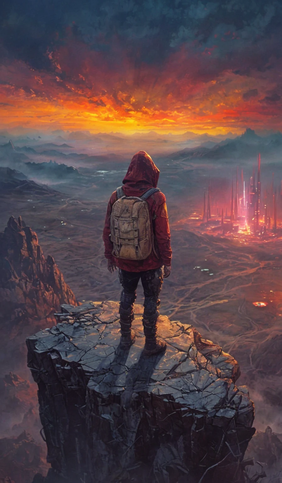 Surreal science fiction concept art, Futuristic cyberpunk folklore, post human apocalypse, harsh survivalism, epic composition, A hooded, synthetic humanoid cyborg, weathered and in tattered clothes, sits at the edge of a towering cliff on a barren exoplanet, staring into the fiery horizon of a dying world. The vast landscape below reveals forgotten rainforests and the ruins of a lost city, all illuminated by crepuscular rays cutting through an eerie, red haze. The atmosphere is surreal, blending moody colors and gritty textures in a cinematic, apocalyptic setting. The cyborg embodies strength and solitude, surrounded by a strange, vivid fusion of warmth and cold hues in this haunting sci-fi epic folklore."