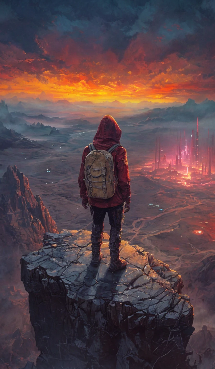 Surreal science fiction concept art, Futuristic cyberpunk folklore, post human apocalypse, harsh survivalism, epic composition, A hooded, synthetic humanoid cyborg, weathered and in tattered clothes, sits at the edge of a towering cliff on a barren exoplanet, staring into the fiery horizon of a dying world. The vast landscape below reveals forgotten rainforests and the ruins of a lost city, all illuminated by crepuscular rays cutting through an eerie, red haze. The atmosphere is surreal, blending moody colors and gritty textures in a cinematic, apocalyptic setting. The cyborg embodies strength and solitude, surrounded by a strange, vivid fusion of warmth and cold hues in this haunting sci-fi epic folklore."