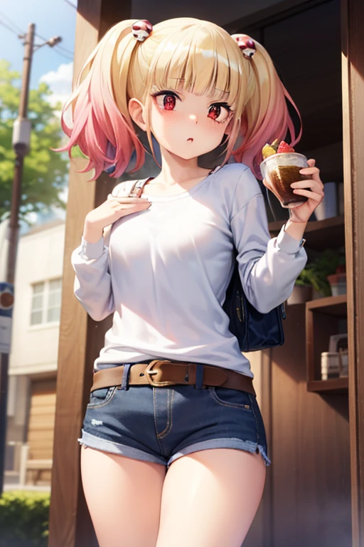 ((masterpiece)),(best quality),official art,extremely detailed CG,unity 8k wallpaper,ultra detailed,beautiful detailed eyes,extremely detailed face,1girl,solo,cowboy shot,looking at viewer,niguredou julia,multicolored hair,gradient hair,pink hair,blonde hair,twintails,food-themed hair ornament,mushroom hair ornament,red eyes,white shirt,long sleeves,denim shorts,shorts rolled up,belt