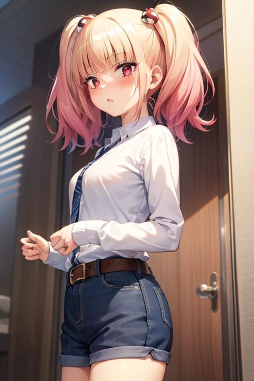 ((masterpiece)),(best quality),official art,extremely detailed CG,unity 8k wallpaper,ultra detailed,beautiful detailed eyes,extremely detailed face,1girl,solo,cowboy shot,looking at viewer,niguredou julia,multicolored hair,gradient hair,pink hair,blonde hair,twintails,food-themed hair ornament,mushroom hair ornament,red eyes,white shirt,long sleeves,denim shorts,shorts rolled up,belt