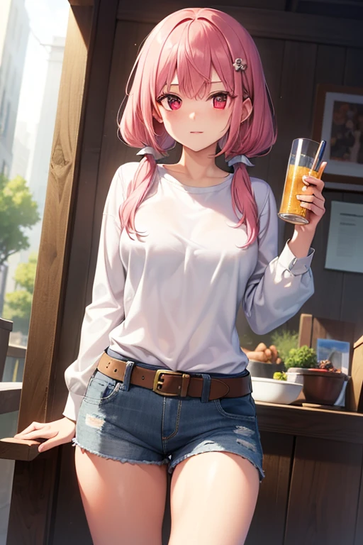 (wearing an oversized snow-white T-shirt: 1.7), sitting at the counter, masterpiece, high quality, high resolution, 1 person, 8 heads, left and right well-balanced, very happy smile, big, 25 years old, look here, open mouth wide, (pink hair: 1.7), (Drink a bottle of Coke while eating a lot of potato chips: 2.0), (Detailed brown eyes: 1.6), (Medium shorthair, Single Ponytail: 1.9), (Wavy Hair:1.5), Bangs, Anime Atmosphere, Anime Style 4K, Cute and Lifelike Portraits, Detailed Digital Anime Art, Beautiful Realistic Anime Portraits, Realistic Anime Style 4K, Detailed Portraits of Realistic Anime Girls, Anime Style Portraits, Anime Realism Style, Cute anime girl portrait, digital anime illustration