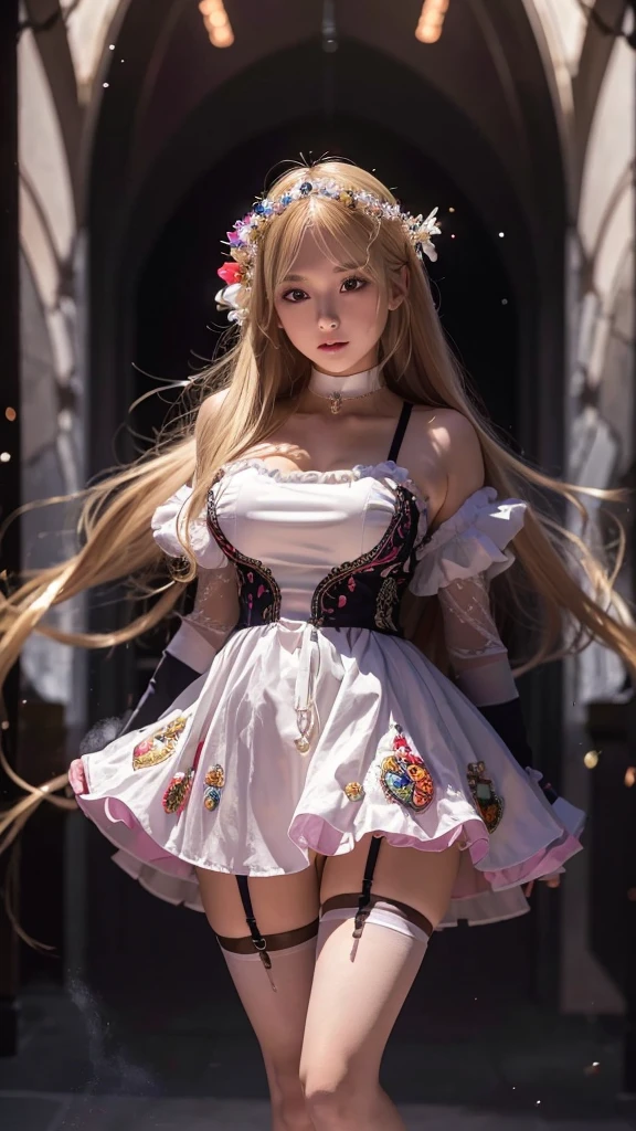 (masterpiece, best quality:1.4), full body, (sitting:1.2), looking at the viewer, smile, 1girl, solo, (european youth:1), chii, brown eyes, choker, (higly detailed long antique lace dress with frills:1.5), spread legs, long dress, lace dress, frills, ruffles, elbow gloves, (robot ears), (frills:1.2), (ruffles:1.2), gloves, platinum blonde hair, ribbon choker, medium breasts, solo, strap slip, very long hair, white dress, white gloves mksks style, beautiful face, (highly detailed face 1.2), highly detailed skin, skin pores, subsurface scattering, realistic pupils, highly detailed face, (highly detailed eyes:1.2), full face blush, full lips, detailed background, depth of field, volumetric lighting, sharp focus, absurdres, realistic proportions, good anatomy, (realistic, hyperrealistic:1.4), 16k hdr,