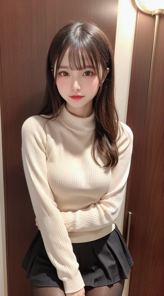 (masterpiece:1.5)、(Realistic:1.5)、(Highest quality:1.4、8K、RAW Photos)、
Ultra-high resolution、Professional Lighting、Perfect dynamic composition、Shot indoors、
Film Grain、chromatic aberration、(bokeh:1.1)、
Frank、Sophisticated、charm、surreal、High detail、Golden Ratio、
(1 Girl)、slender girl、Delicate and charming girl、Cute Woman:1.4、
Serious expression、Looking at the audience、Sculpture Pose、
Light brown hair、Shiny Hair、Hairstyle: Ponytail、
Realistic looking skin、
Shut your mouth.、Beautiful Eyes、double eyelid、Thin arms、、
(Wearing a white turtleneck sweater)、Wearing a flared miniskirt