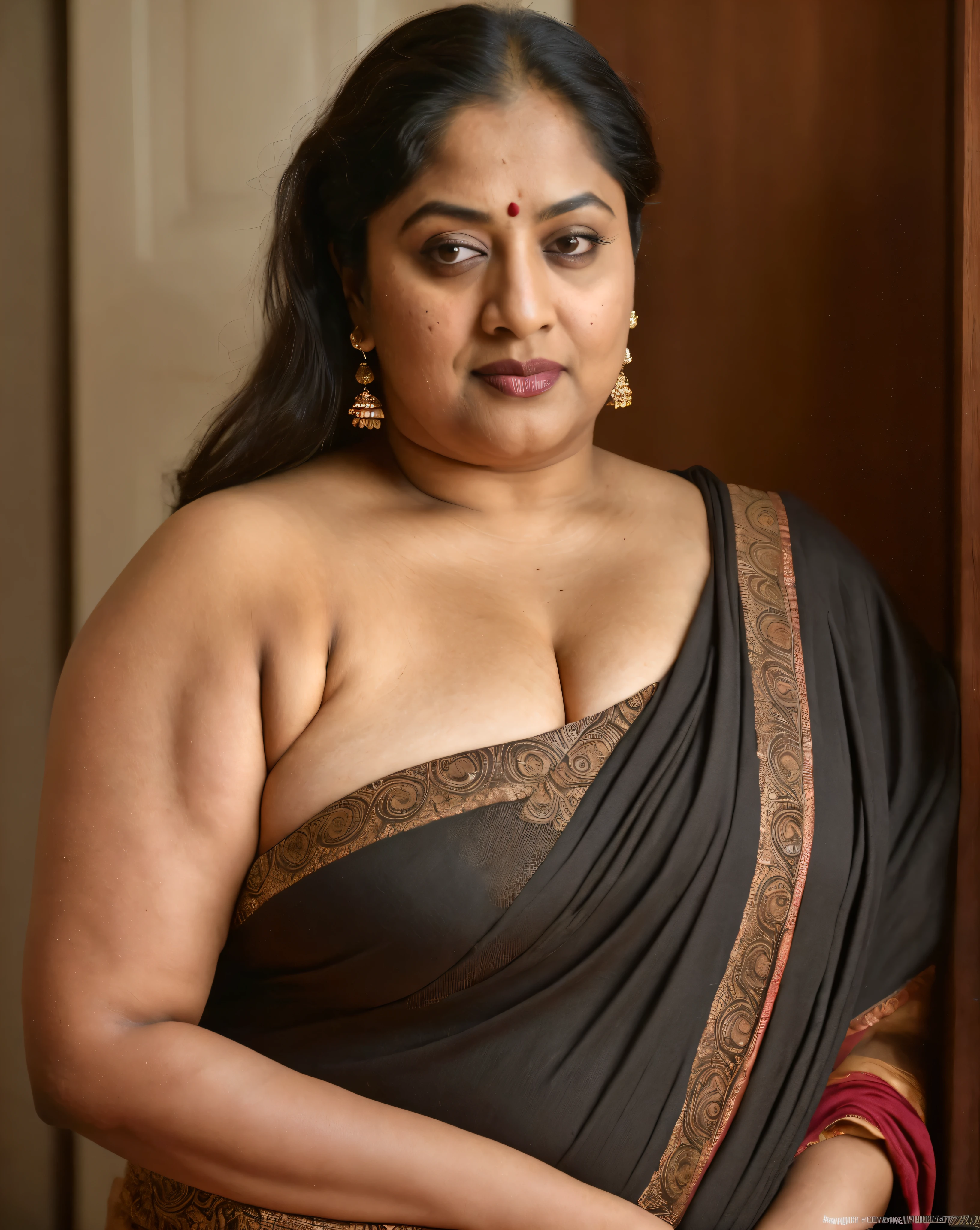 50yo mature MILF Anushka Shetty,((best quality)), ((masterpiece)), ((realistic)), eye kajal, mascara, red lips, sensual Beauty, provoking body, extreme sweat, sweat soaked skin, slight stretch marks, alluring figure,  bulging figure, thick charming lady, curvy, thick navel, full figured woman, eye kajal, massive breast, full body, styled hair, pierced eyes, female face,royal aura, trend on artstation , sharp focus, studio photo, intricate detail, very detailed, detailed eye, illustration, very detailed, sharp focus, digital render, professional, 4k