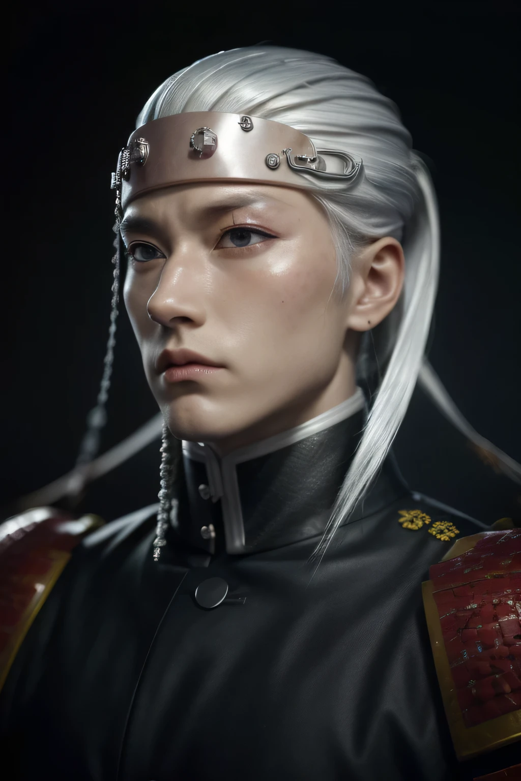 a realistic portrait of tengen uzui, the sound hashira, ninja, white hair, intricate hairstyle, detailed facial features, muscular body, samurai armor, katana, dramatic lighting, highly detailed, 8k, photorealistic, cinematic, digital painting