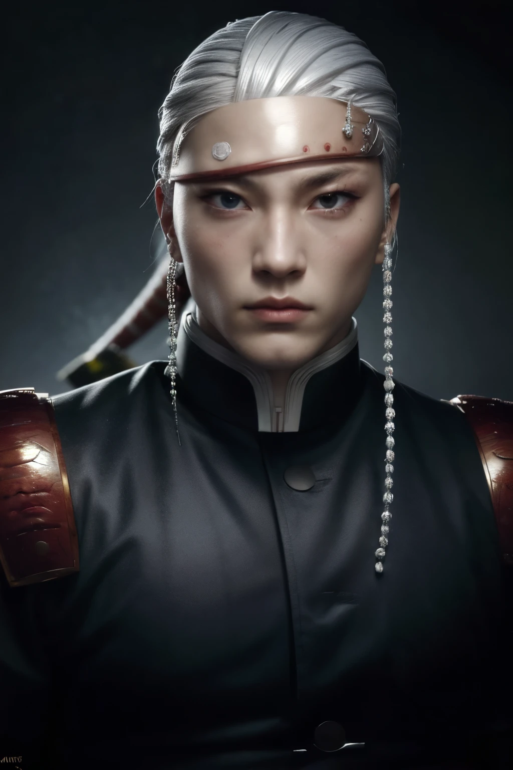 a realistic portrait of tengen uzui, the sound hashira, ninja, white hair, intricate hairstyle, detailed facial features, muscular body, samurai armor, katana, dramatic lighting, highly detailed, 8k, photorealistic, cinematic, digital painting