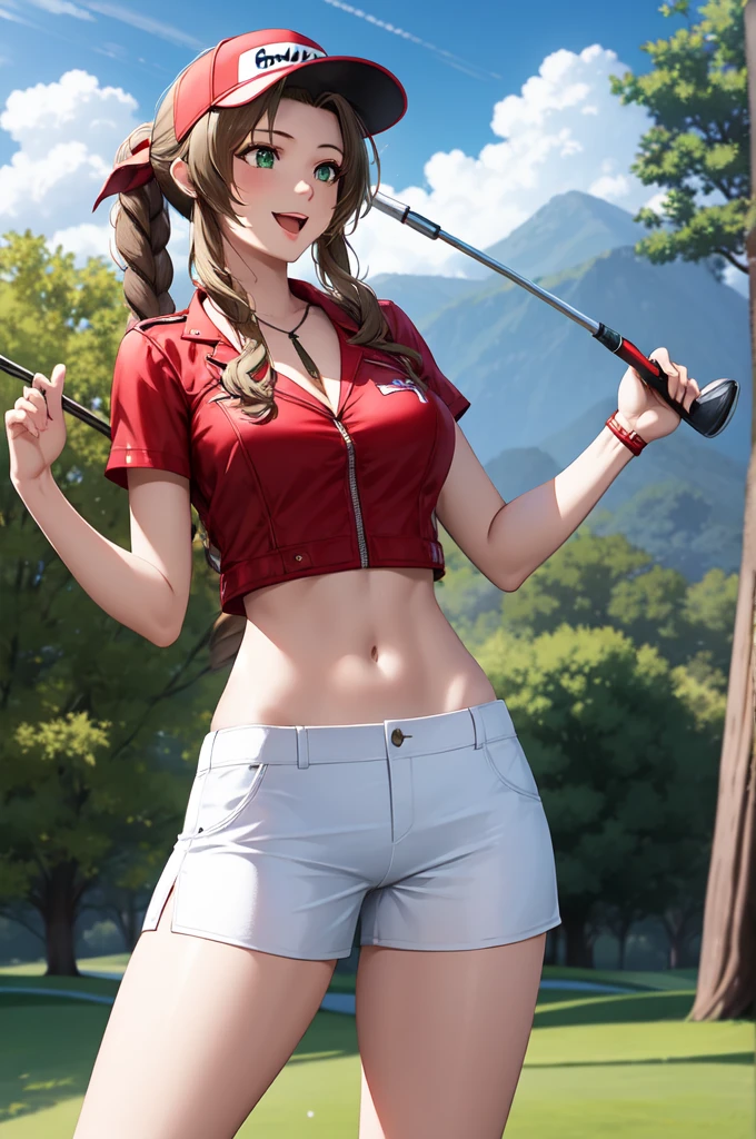 Aerith Gainsborough (Final Fantasy VII) LoRA, masterpiece, best quality, a mature woman swinging golf club over head while wearing white shorts and red top, 1girl, golf club, solo, playing golf, underwear, driver shot, panties, day, cloud, visor cap, sky, open mouth, white skirt, navel, red shirt, tree, smile, outdoors, panty shot, aerith gainsborough