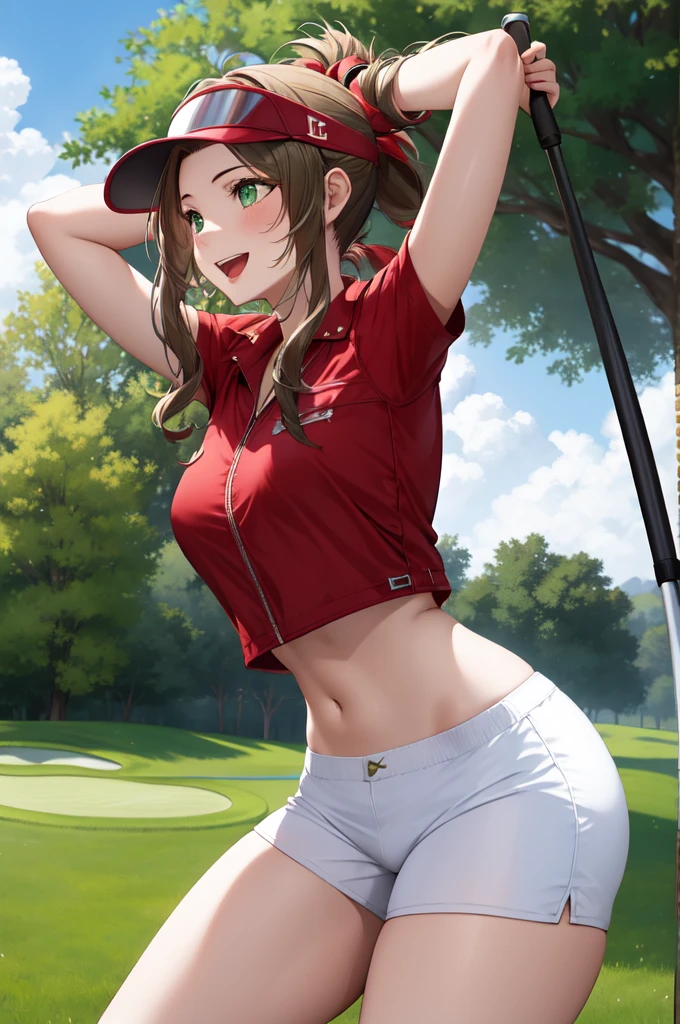 Aerith Gainsborough (Final Fantasy VII) LoRA, masterpiece, best quality, a mature woman swinging golf club over head while wearing white shorts and red top, 1girl, golf club, solo, playing golf, underwear, driver shot, panties, day, cloud, visor cap, sky, open mouth, white skirt, navel, red shirt, tree, smile, outdoors, panty shot, aerith gainsborough