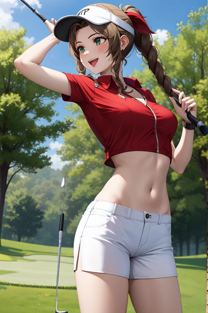 Aerith Gainsborough (Final Fantasy VII) LoRA, masterpiece, best quality, a mature woman swinging golf club over head while wearing white shorts and red top, 1girl, golf club, solo, playing golf, underwear, driver shot, panties, day, cloud, visor cap, sky, open mouth, white skirt, navel, red shirt, tree, smile, outdoors, panty shot, aerith gainsborough