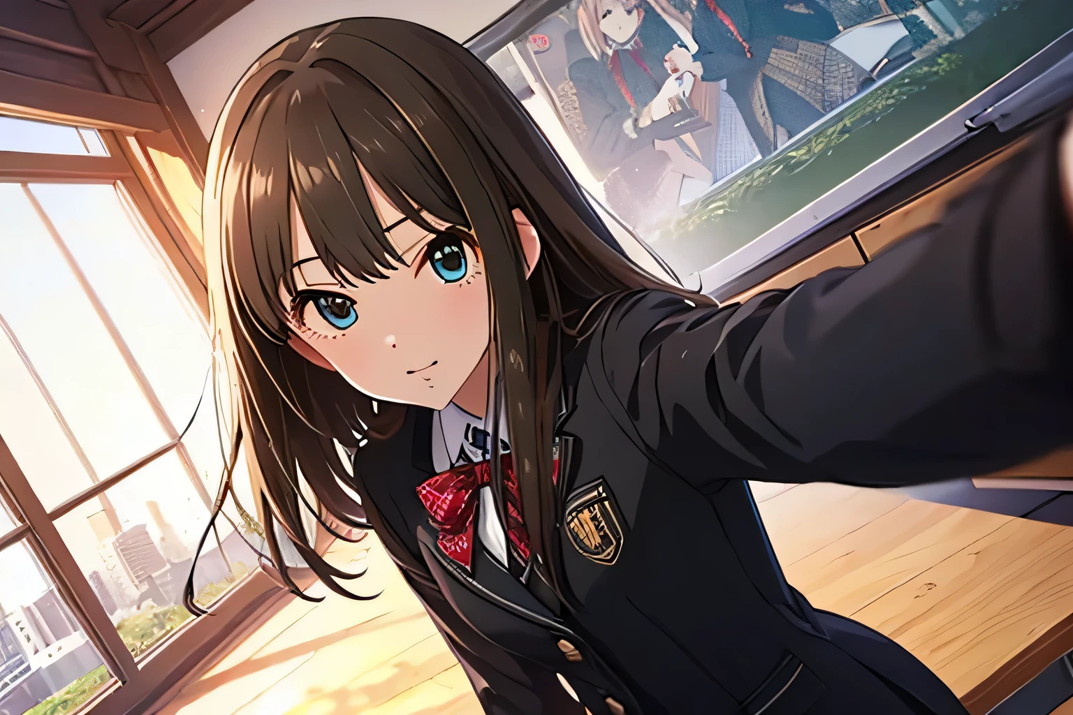 Shibuya Rin、Black eyes、Winter school uniform、eyelash、quality、Super detailed、Ultra-high resolution、classroom、Legs removed from frame、The Dutch Angle、Blowjob gestures、Selfie、throw