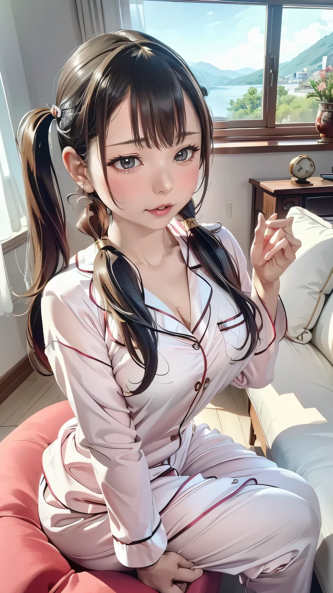 1girl,perfect ,black hair, long hair, (hair over one eye:1.4), messy hair, hair between eyes, plump, chubby,fat, saggy breast, cute motif pajama, cute shy blush on , bedroom 