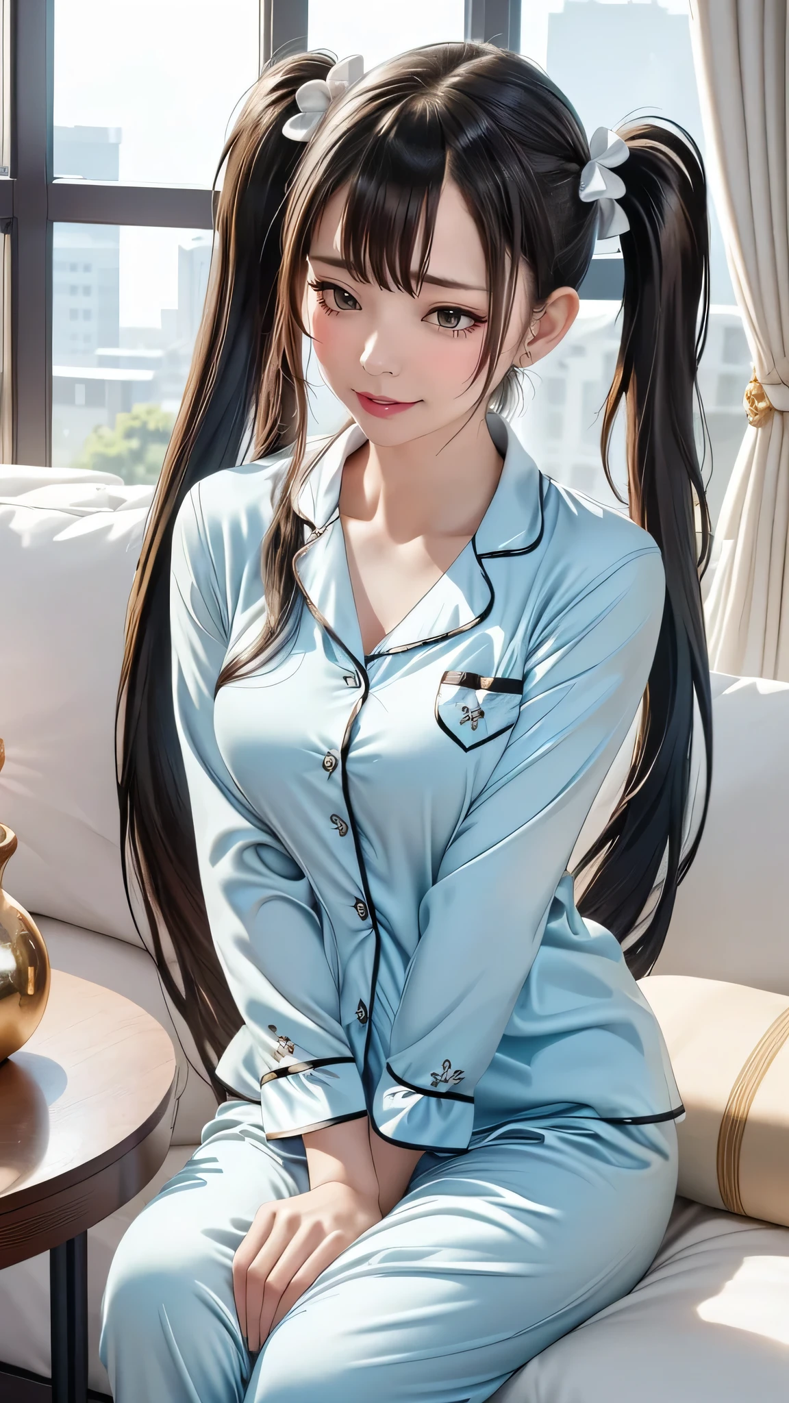 1girl,perfect ,black hair, long hair, (hair over one eye:1.4), messy hair, hair between eyes, plump, chubby,fat, saggy breast, cute motif pajama, cute shy blush on , bedroom 