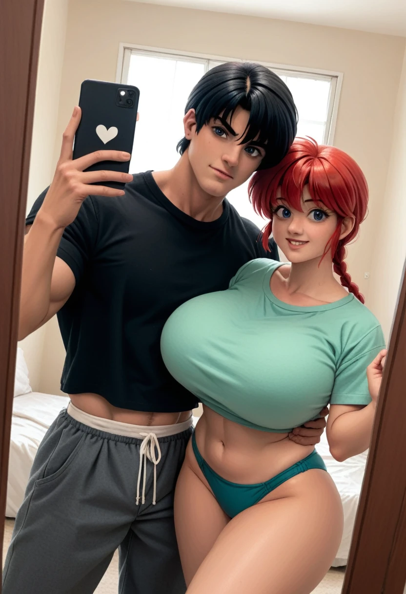 1 boy and 1 girl, a couple selfie, hug, selfie, ranma girl and ranma boy in a selfie, ((Ranma Chan, redhead girl, huge breast, big ass, thick thighs, wide hips))(a couple selfie)((Ranma Saotome, male, handsome man, abs, black male hair))(ranma girl and ranma male) ultra-detailed, realistic, photorealistic, photo-realistic:1.37, extremely detailed eyes and face, vivid colors, bokeh:0.5, same shirt, couple love shirt,