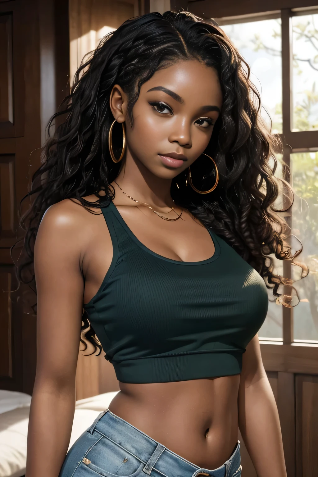 SFW, (masterpiece, best quality), African1girl, beautiful face, Kimberly_jackson, confused, tanktop, freely wavy hair, wavy hair, upper body, belly showing