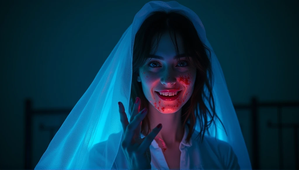 (A chilling, post-apocalyptic scene on a desolate road. A young woman with blood splattered on her face, wearing a white shirt stained with blood, takes a selfie with a wide, unnerving smile. Her eyes are wide open, capturing an eerie and unsettling expression. In the background, a second person, a man, is seen kneeling on the ground near the open trunk of a car, his face also bloodied, appearing either injured or in distress. The road is barren with scattered debris and the overall atmosphere is haunting, creating a sense of horror and despair.