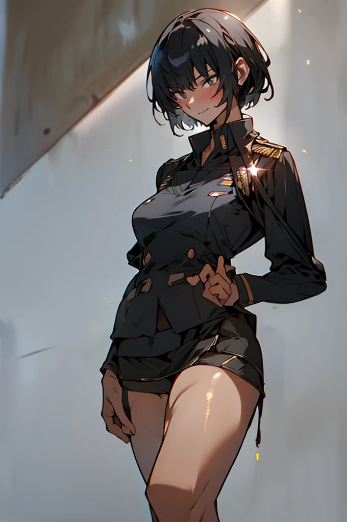 masterpiece,(Perfect Anatomy),cowboy shot,(1woman,Alone),cowboy shot,20 year old beauty、black hair,short bob hair,a smile,(Small Head:1.3,skinny:1.4,slender body,medium breasts,gleaming skin,oily skin,shiny skin),soldier,((military uniform posture、mini skirt:1.5)),standing,Military base、